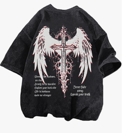 Vintage Goth Punk Shirts for Men Grunge Streetwear Oversized Tshirts Gothic Cross Y2k Graphic Tees Acid Wash T Shirt Black