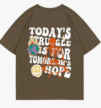 Weiyuqi Oversized Graphic Tshirt for Men Letter Print Vintage T Shirt Tees Casual Loose Fit Retro Streetwear Shirts Tops Brown